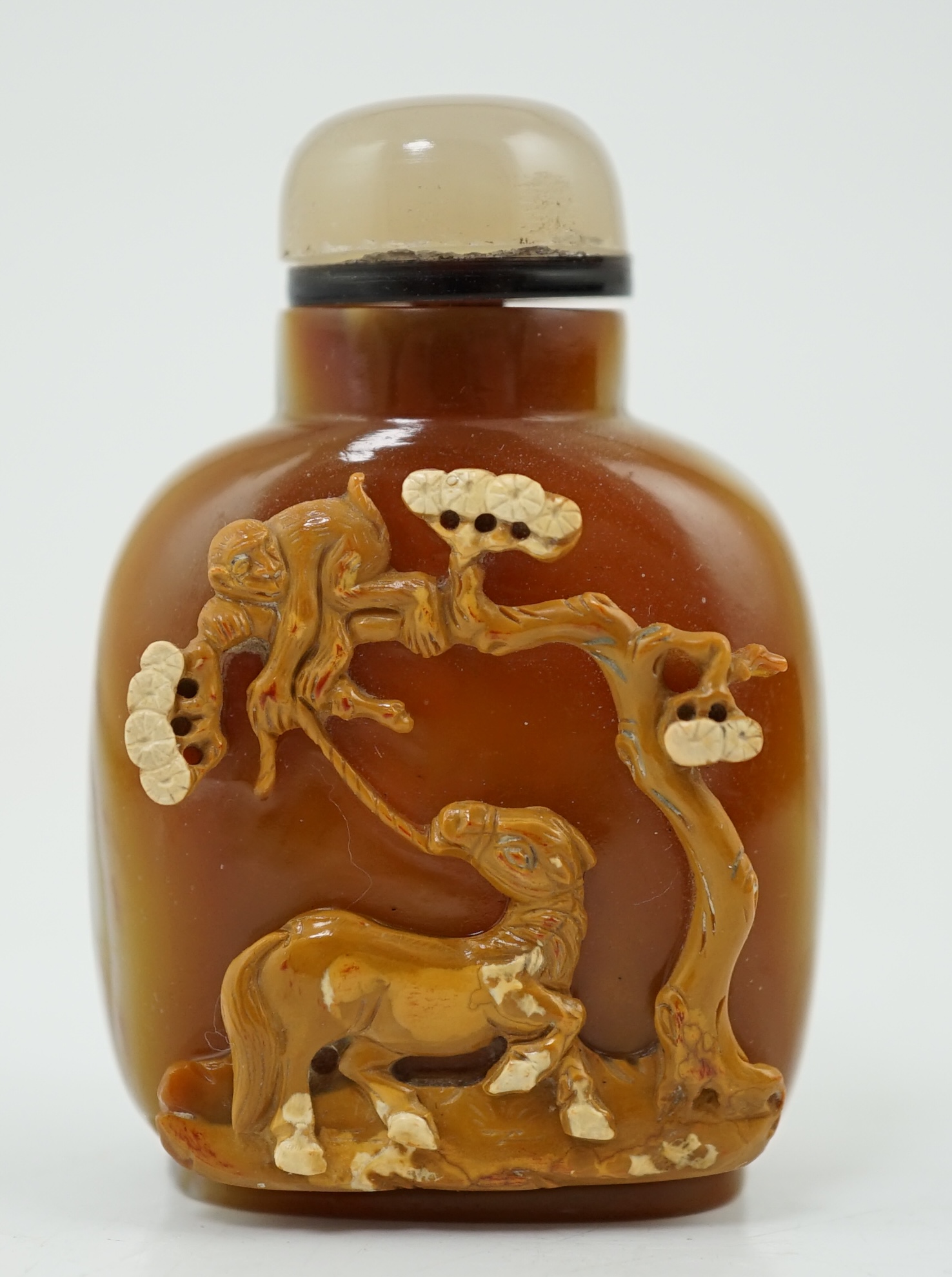 A good Chinese cameo chalcedony 'horse and monkey' snuff bottle, 19th century